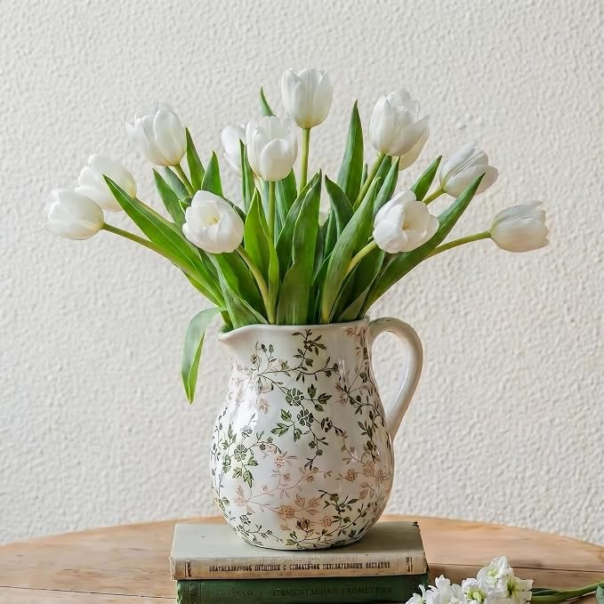 Ceramic Green and White Floral Vase with Handle, Rustic Farmhouse Pitcher Flower Vase, Chinoiserie Floral Vase for Home Decor, Living Room, Shelf, Office, Rustic Table Centerpiece 8 Inch