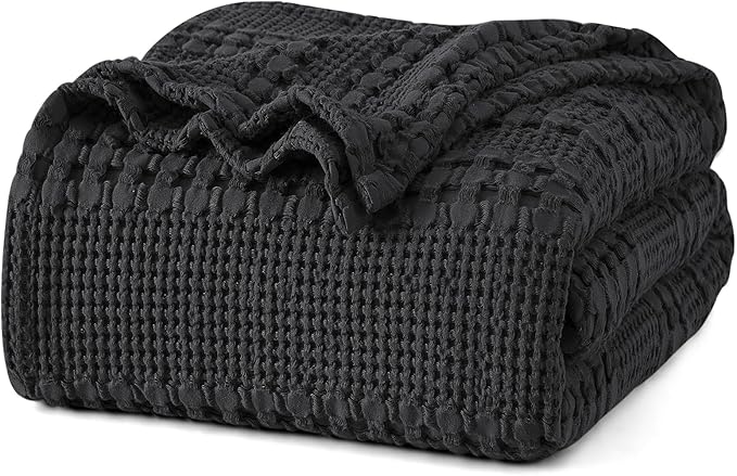 PHF 100% Cotton Waffle Weave Blanket King Size, Lightweight Breathable Summer Blanket for Hot Sleepers, Pre-Washed Soft Layer for Bed, Couch, Home Decor Gift, 108"x90", Black