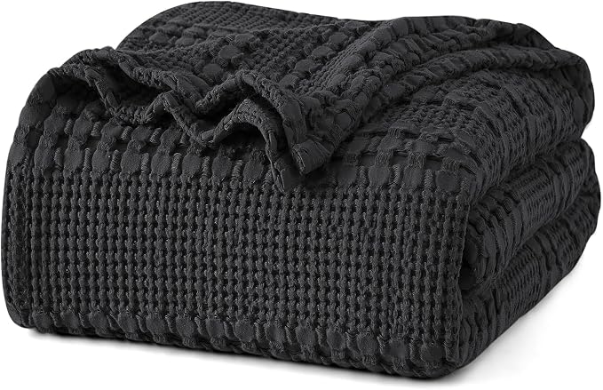 PHF 100% Cotton Waffle Blanket Twin Size, Lightweight Breathable Summer Blanket for Hot Sleepers, Pre-Washed Soft Layer for Bed, Dorm, Couch & Guest Room, Home Decor Gift, 66"x90", Black