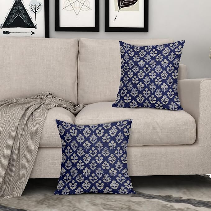 Navy Blue Floral Pillow Covers 24x24 Inch Set of 2, Vintage Flower Block Print Pattern Decorative Throw Pillowcases Outdoor Farmhouse Cushion Covers Spring Summer Rustic Sofa Couch Bed Decor