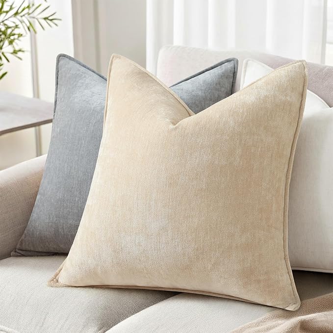 decorUhome Chenille Beige Velvet Throw Pillow Covers 22x22 Set of 2 | Fall Soft Euro Sham Couch Decorative Modern Farmhouse Pillow Cases with Elegant Design for Sofa Bed Living Room Home Decor