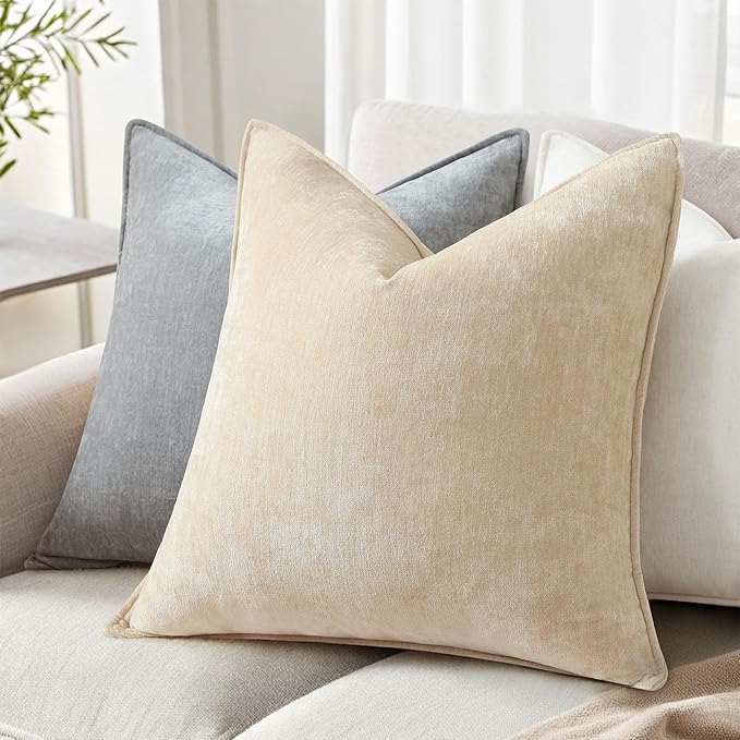 decorUhome Chenille Beige Velvet Throw Pillow Covers 24x24 Set of 2 | Fall Soft Euro Sham Couch Decorative Modern Farmhouse Pillow Cases with Elegant Design for Sofa Bed Living Room Home Decor