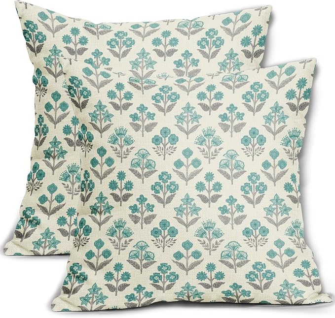 Teal Grey Gray Floral Pillow Covers 22x22 Inch Set of 2, Vintage Flower Block Print Pattern Decorative Throw Pillowcases Outdoor Farmhouse Cushion Covers Spring Summer Rustic Sofa Couch Bed Decor