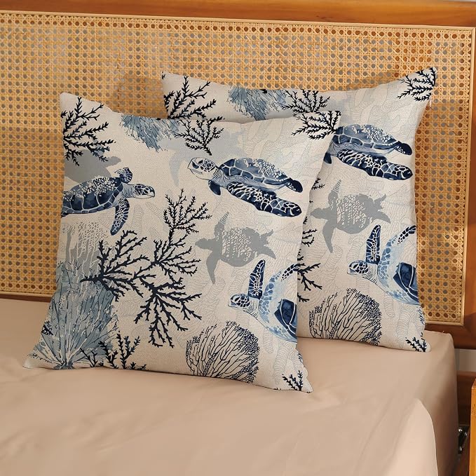 Nautical Coastal Pillow Covers 18x18 Set of 2 Beach Themed Ocean Coral Sea Turtle Decorative Throw Pillows Blue Outdoor Decor Pillow Cases Linen Farmhouse Cushion Case for Sofa Home Holiday
