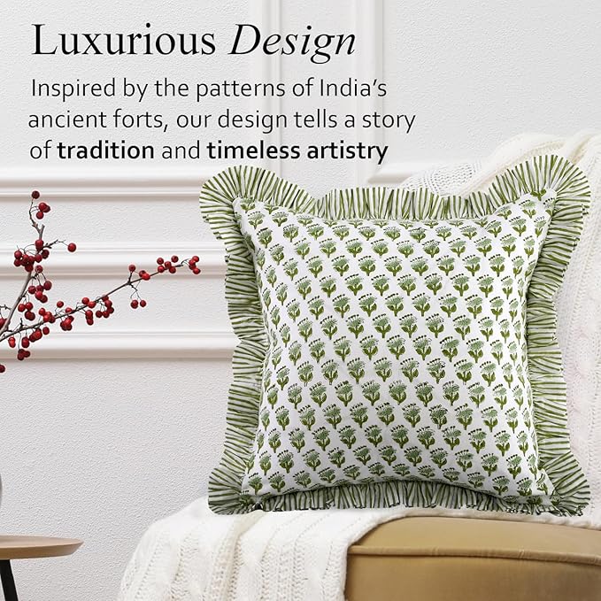 CPC Block Print Ruffle Throw Cover Emerald Green 24"x24" Inch Pack of 2-100% Cotton Ruffle Couch Decorative Boho Pillows Case for Living Room, Bedroom, Sofa, Farmhouse Gift for Spring, Mother's Day