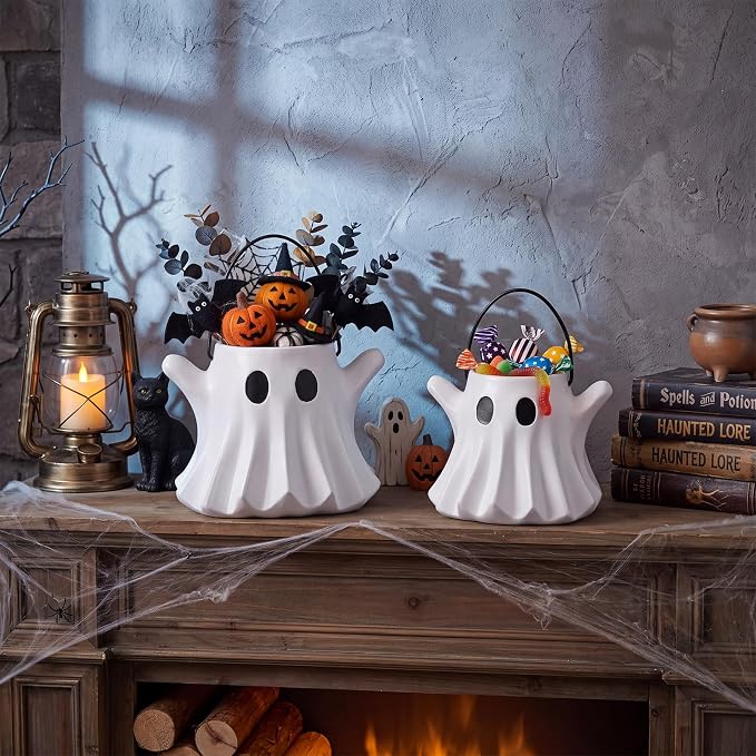 FoldTier 2 Pcs Halloween Ghost Planter Vase Candy Bowl Bucket with Handle | Resin Ghost Design, Multipurpose Flower Pot and Candy Holder, Indoor Outdoor Decor, Home Garden Table Centerpiece for Party