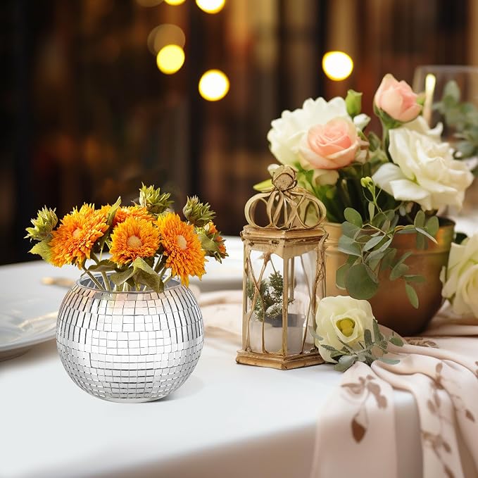 6Pcs Disco Ball Vase Set – Mirror Vases for Table Centerpieces, Real Glass Mosaic Flower Planter for Wedding, Birthday, Home Décor & Party Decoration – Sparkling Retro Disco Ball Home Accent