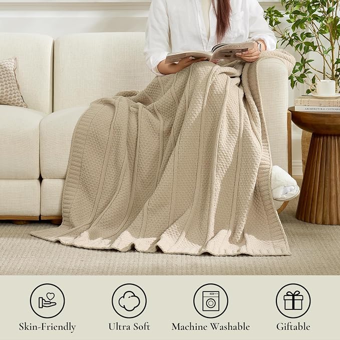 Premium Chenille Throw Blanket, Soft Cozy Moss Stitch Knit Blanket for Couch, Sofa, Chair, Home Decor, Beige 50"x60"