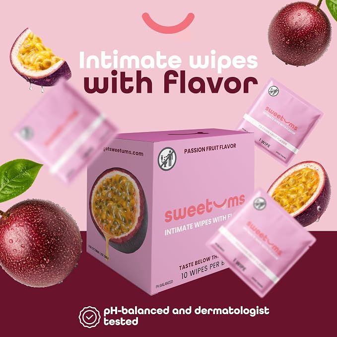 Sweetums Feminine Wipes For Women, Individually Wrapped - pH Balanced Flavored Intimate Wipes - Pack of 10 (Passion Fruit)