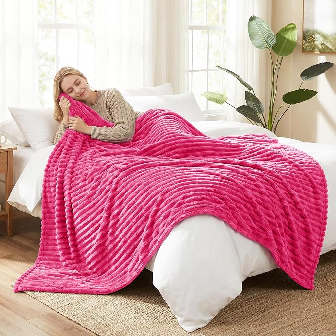 HIMEET Hot Pink Oversized Throw Blanket, 300GSM Ribbed Fleece, 50 x 70 in | Ultra Soft Flannel, All-Season Lightweight Warmth, Extra Coverage for Couch Lounging, Home Room Decor, Machine Washable