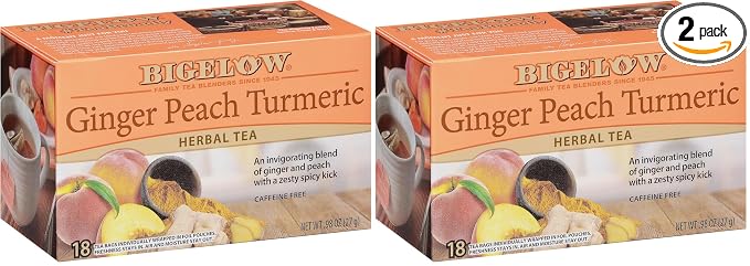 Bigelow Tea Ginger Peach Turmeric Herbal Tea, Caffeine Free-Tea with Ginger and Peach,18 Count (Pack of 12)