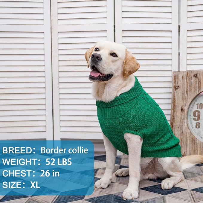 Mihachi Turtleneck Dog Sweater - Winter Coat Apparel Classic Cable Knit Clothes with Leash Hole for Cold Weather, Ideal Gift for Pet in New Year Green 2XL