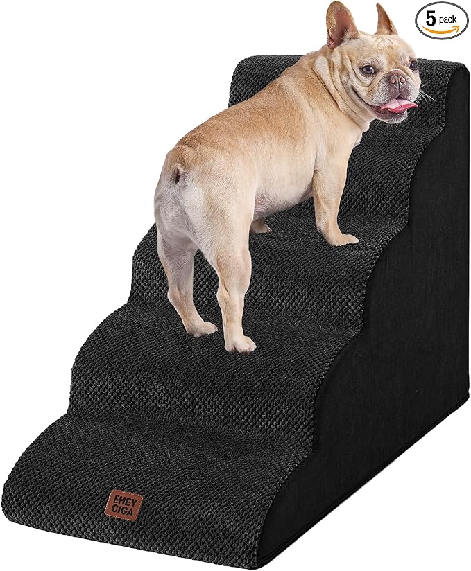 EHEYCIGA Curved Dog Stairs Ramp, 5-Step High Beds, 22.6" H Pet Step | 33D density of pure foam, for Small Dogs and Cats, Pet Stairs for High Bed Climbing, Non-Slip Balanced Indoor, Black