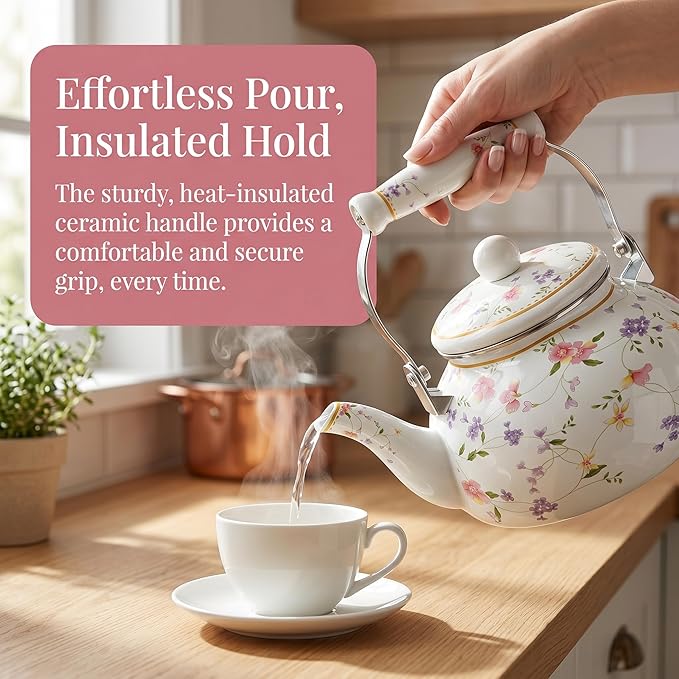 Jucoan Vintage Enamel Tea Kettle, 2.6 Quart Floral Enamel Water Kettle Teapot with Porcelain Handle for Stovetop Home Kitchen Camping, Housewarming Wedding Bridal Shower Mother's Day