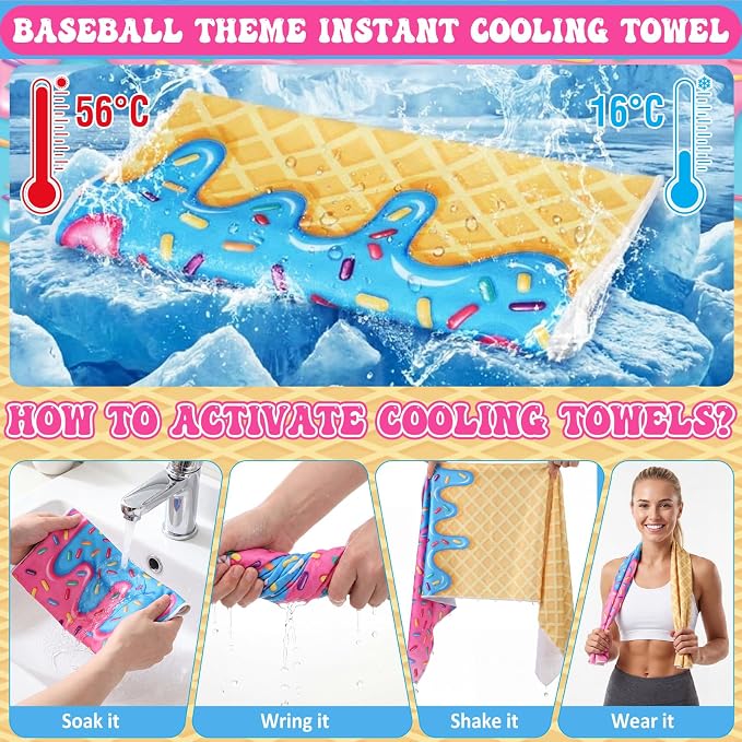 Peryiter 24 Pcs Ice Cream Drip Baseball Party Favors 12 Cooling Towels 12 Drip Drawstring Bags Bulk Sport Gifts for Teams Summer Camping Yoga Running Supplies, Chilly and Absorbent(Basic)