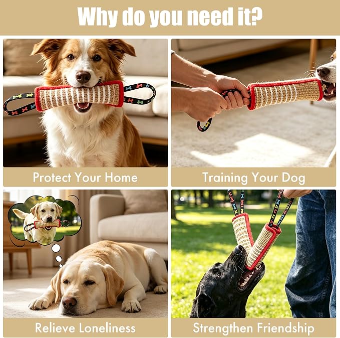Tug Toy with 2 Strong Handles, Durable Pillow Pull Toy for Aggressive Chewers, Interactive Bite Training Tug of War Toy for Puppies and Medium to Large Dogs (Red-Rimmed Bone)