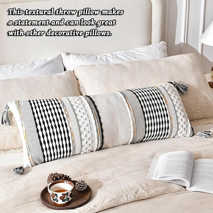 Chenille Striped Textured Boho Throw Pillow Covers Aesthetic with Tassels Woven Decorative Pillow Case for Couch Bed Sofa Bedroom Modern Funky 14 x 36-Inch Black
