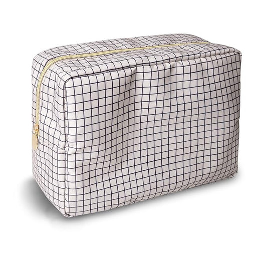 Large Makeup Bag Pouch, Nylon Women Travel Toiletry Storage Bag Checkered Cosmetic Bag for Girls, Big Preppy Makeup Organizer Bag Cute Zipper Pouch Skincare Bag for Sport School Work (Large-Checkered)