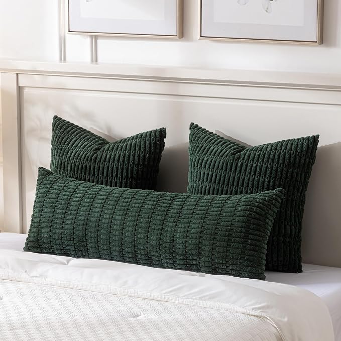Fancy Homi Decorative Throw Pillow Covers for Bed Couch Bedroom Bench, Soft Corduroy Solid Pillow Case, Rustic Farmhouse Boho Room Decor,54" x 20" (Pack of 1),Dark Green