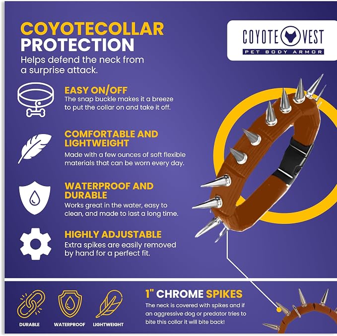 CoyoteCollar Spike Dog Collar, Adj/Replaceable Spikes, Large, Brown