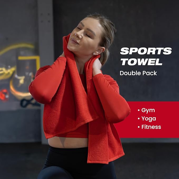 Sports Towel - Double Pack (2 Pieces), 12"x51", Red, 100% Cotton - Oeko-Tex Certified, Very Absorbent and Quick-Drying, for Fitness, Gym and Yoga