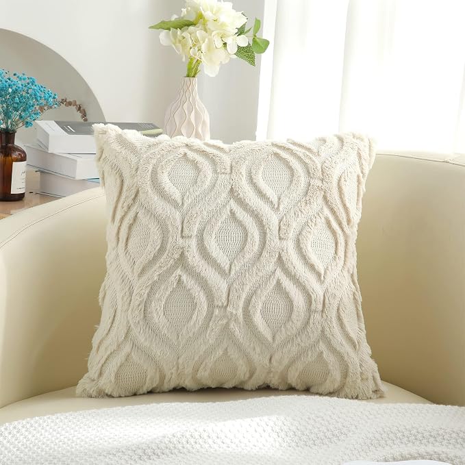 decorUhome Faux Fur Plush Soft Beige Throw Pillow Covers 16x16 Set of 2 | Wool Solid Fall Couch Pillow Covers, Accent Modern Farmhouse Neutral Decorative Square Pillow Cases for Sofa Bed Living Room