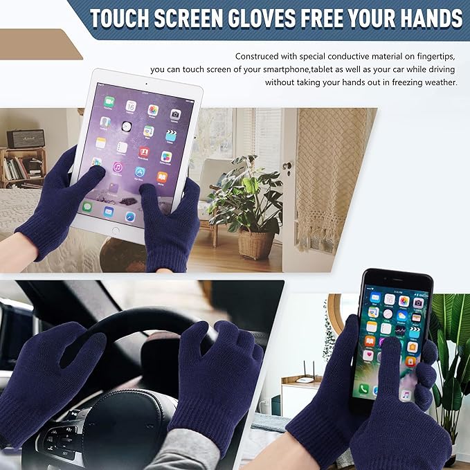 Winter Warm Beanie Hat Touchscreen Gloves Set, Soft Skull Cap Gloves Set for Men and Women with Warm Knit Fleece Lined
