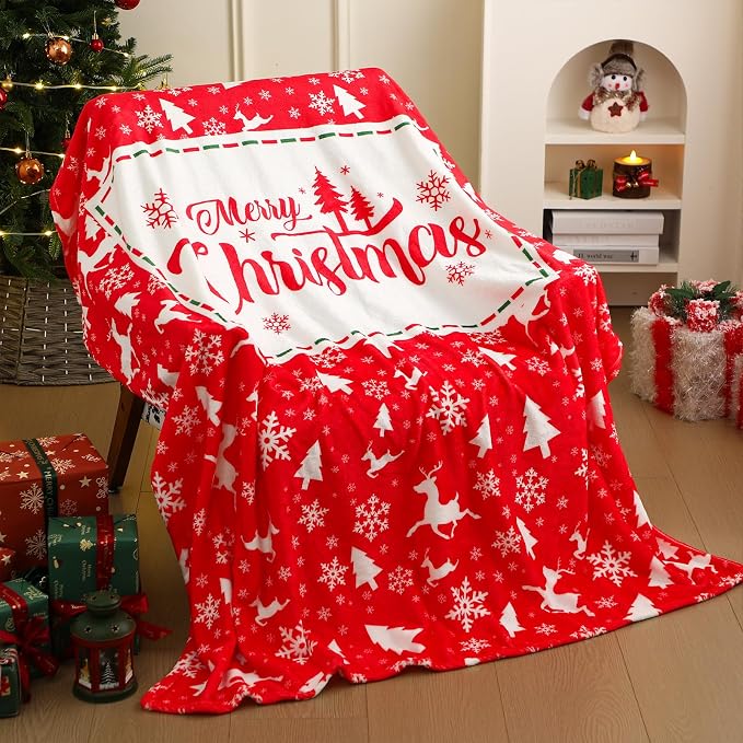 50'' x 60'' Christmas Throw Blanket Plush Home Decor | Merry Christmas Plush Warm Blanket for Winter Home Decoration Sofa Couch Bed