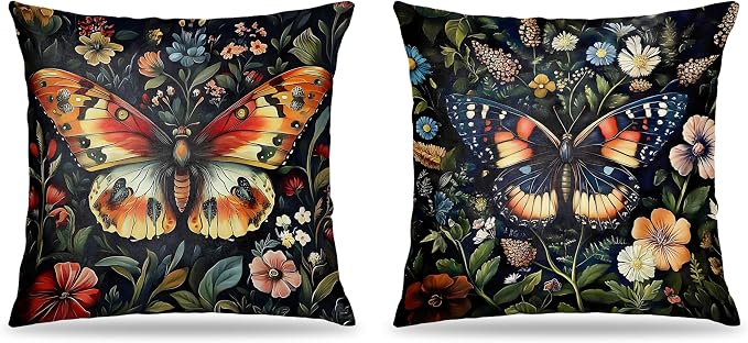 William Morris Inspired Butterfly Pillow Covers 18x18 Set of 2, Butterfly Room Decor, Dark Cottagecore Floral Botanical Moth Decorative Throw Pillow Covers for Home Bedroom Living Room