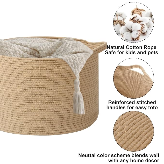 65L Large Blanket Basket,Woven Rope Laundry Basket-Camel | Collapsible, reinforced handles, nursery storage bin organizes clothes, toys and pillows for living room, bedroom bathroom
