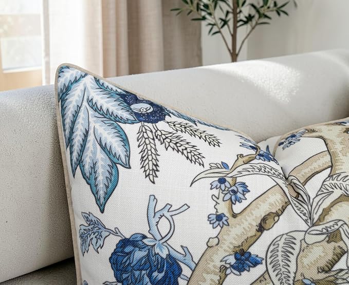Blue Floral Branch Print 20x20 Throw Pillow Cover, Blue | Blue botanical branch branch on off-white slub, tan piping; both sides printed; hidden z; cover only
