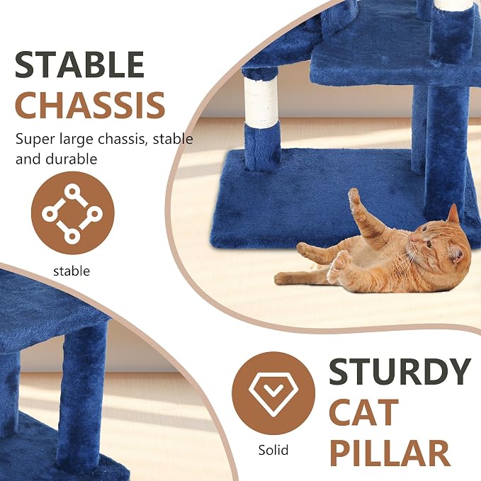 FDW | 36" Cat Tree Tower | Navy Blue | Multi-Level Indoor Activity Center with Sisal Scratching Posts, Condos, Plush Perches, Hanging Cat Toys | Sturdy, Easy to Assemble | for Kittens & Adult Cats