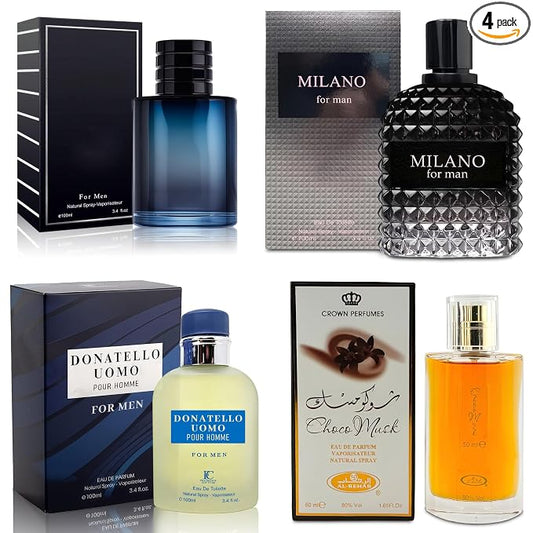 AFLUXE 4-Piece Cologne for Men Includes Choco Musk/SE/Donatello Uomo/Milano Scent of Woody, Spicy, Citrus & Aromatic eau de parfum Men Gift Set Each 100Ml for Daily Use