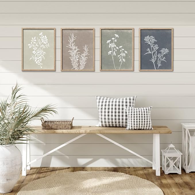 Liswit Framed Boho Wall Art Set of 4 for Wooded Minimalist Botanical Print Wall Art for Rustic Vintage Farmhouse Home Kitchen Wall Decor (Brown, 8"x10")