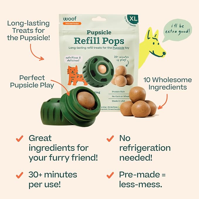 WOOF Pupsicle Peanut Butter & Beef Refill Pops Dog Treats, XL, 3 Pack | For extra-large Pupsicles, 15 total treats, peanut butter & beef flavor, long-lasting treats, pre-made Pops, shelf stable