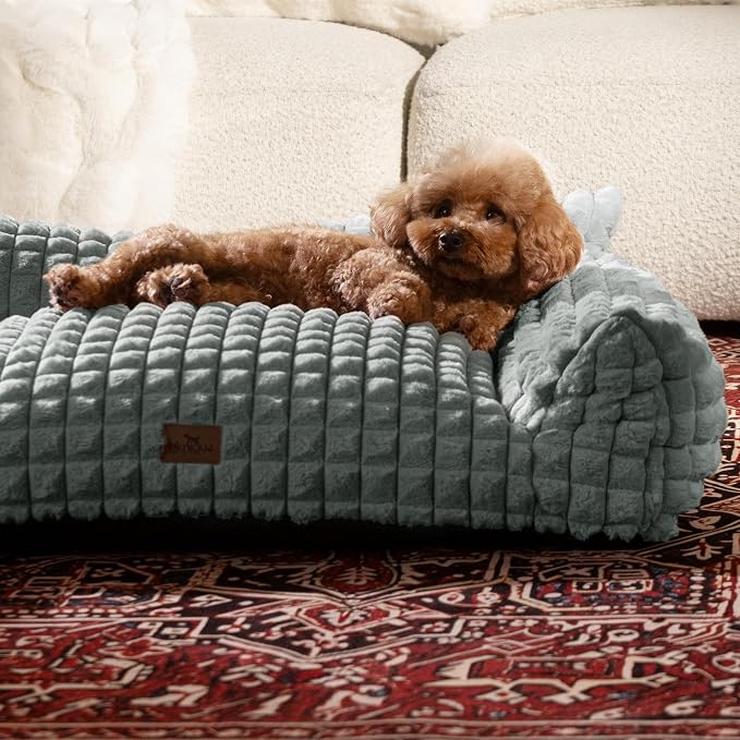 Cat Couch Bed with Fluffy Faux Rabbit Fur for Indoor Cats, 36 Inch | Cute Fuzzy Cat Sofa Recliner With Washable Cover, Suppportive Cozy Pets Couch in 3D Diamond Pattern, Grey