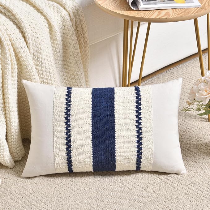 Fancy Homi Set of 2 Navy Blue Lumbar Decorative Throw Pillow Covers 16x24 Inch for Couch Bed Sofa Living Room, Aesthetic Modern Organic Farmhouse Home Decor, Soft Cotton Woven Textured Cushion Case