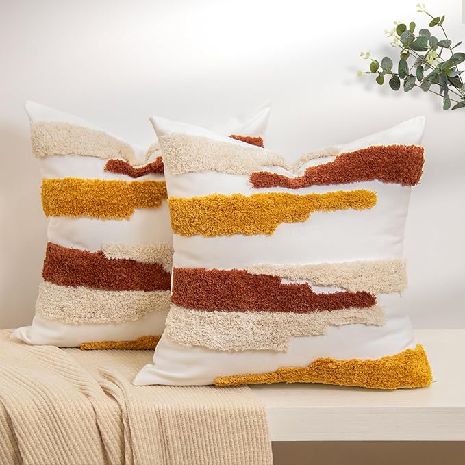 lifein Boho Pillow Covers 18x18 Set of 2 Boho Tufted Throw Pillow Covers Aesthetic Decorative Cushion Covers Farmhouse Pillow Case for Couch Sofa Bed Living Room,Home Decor