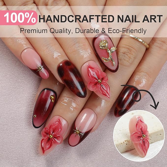 Handmade Press On Nails Almond - Luxury French Tips Leopard Fake Nails Short, 3D Flowers Design, Salon-Quality Reusable, Fall/Winter Gift for Women, 10pcs Brown