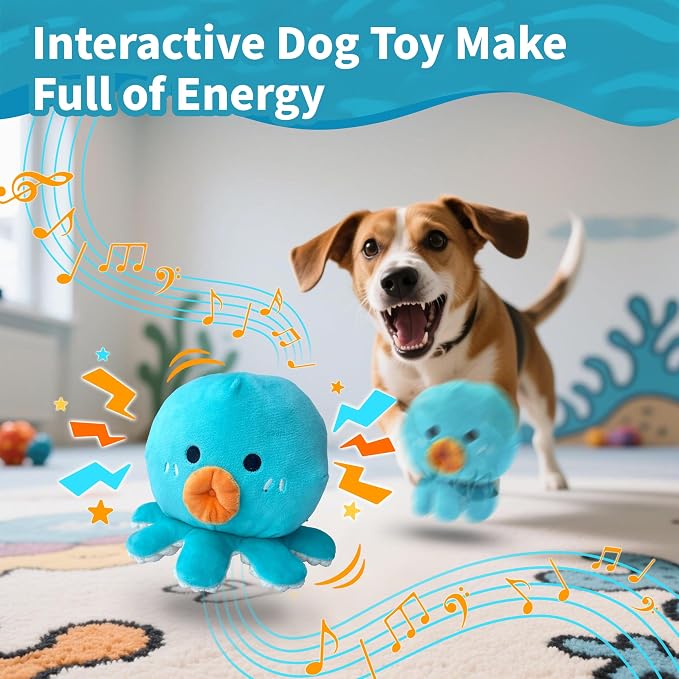 Interactive Dog Toys, Moving Squeaky Octopus Toy with Bouncing Ball, Rechargeable Rolling Dog Toy for Small Medium Large Dogs to Keep Them Busy, Jumping Music Talking Recording Mode