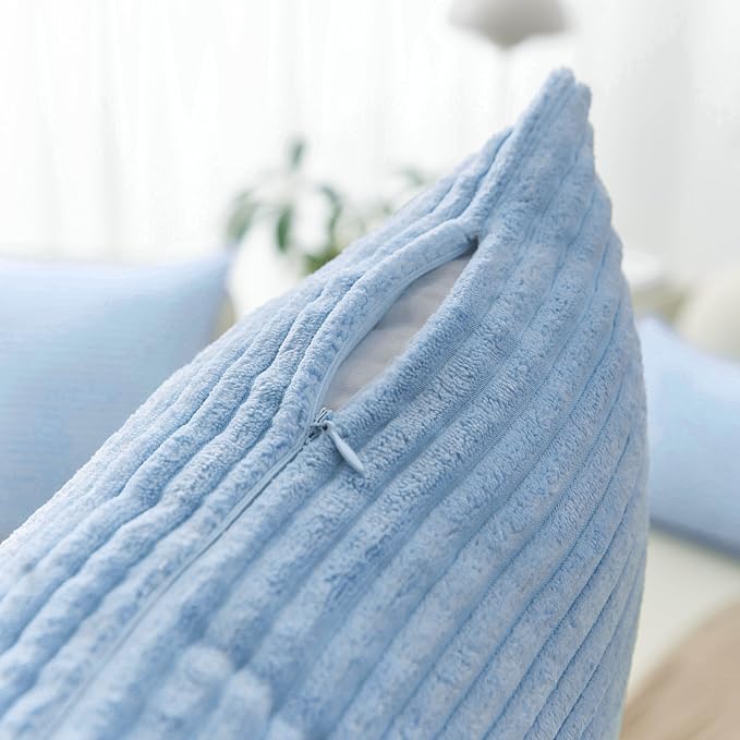 Home Brilliant Blue Throw Pillow for Couch Stripe Velvet Corduroy Euro Sham 24 x 24 Throw Pillow Cover for Sofa, 24 x 24 inch (60cm), Baby Boy Blue
