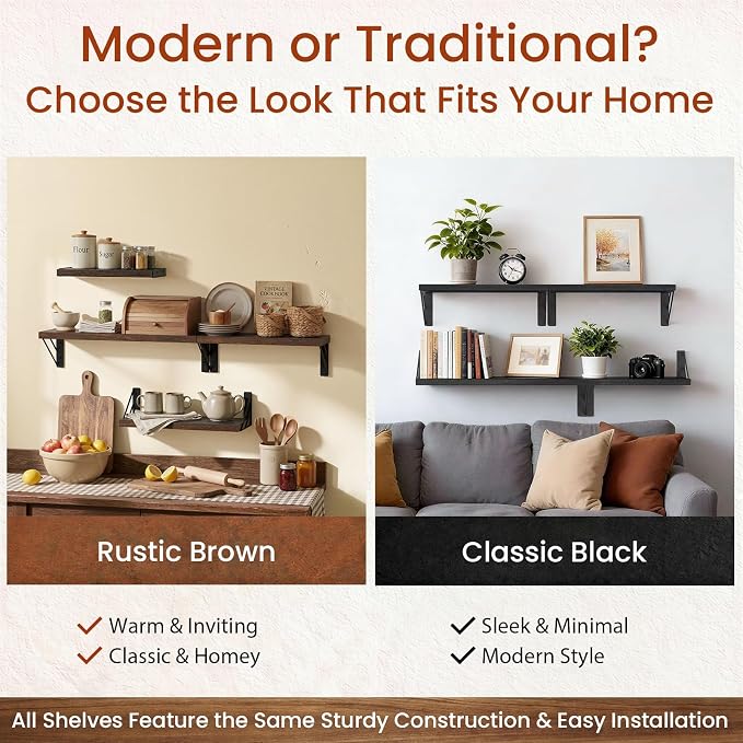 BAYKA Wall Shelves for Bathroom Decor, Floating Wall Shelves for Living Room Kitchen Storage, Mounted Rustic Wood Floating Shelves for Kids Books, Corner Shelf for Bedroom(Rustic Brown，Set of 4)