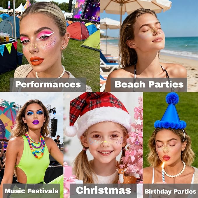 Glitter freckles, Holographic Face and Body Glitter Rave Outfits Fairy Makeup Kit Tattoo Sparkle for Women Gold Glow Cosmetic Star Makeup Accessories for Festival Rave