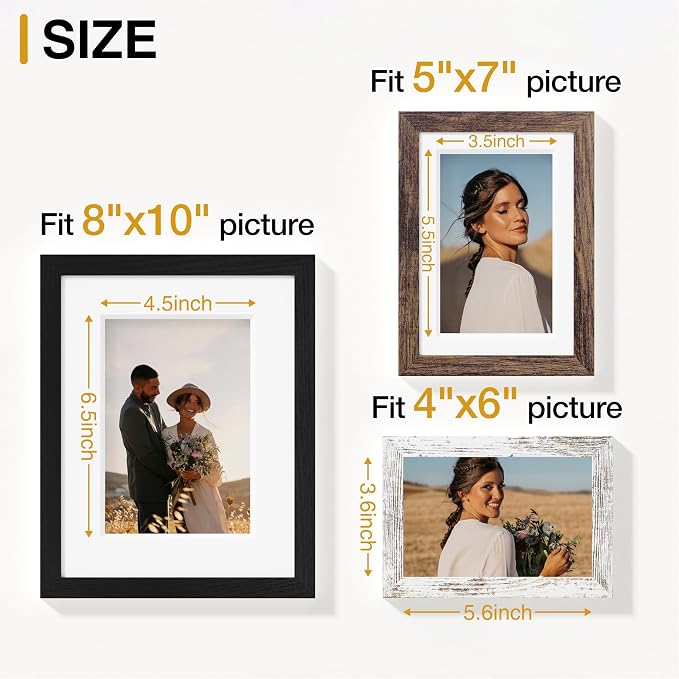 Vittanly 15 Pack Gallery Wall Frame Set, Black, Brown, Distressed White | Picture Frames Collage Wall Decor: 3pcs 8x10, 6pcs 5x7, 6pcs 4x6. Picture Frame Set for Wall or Tabletop Display