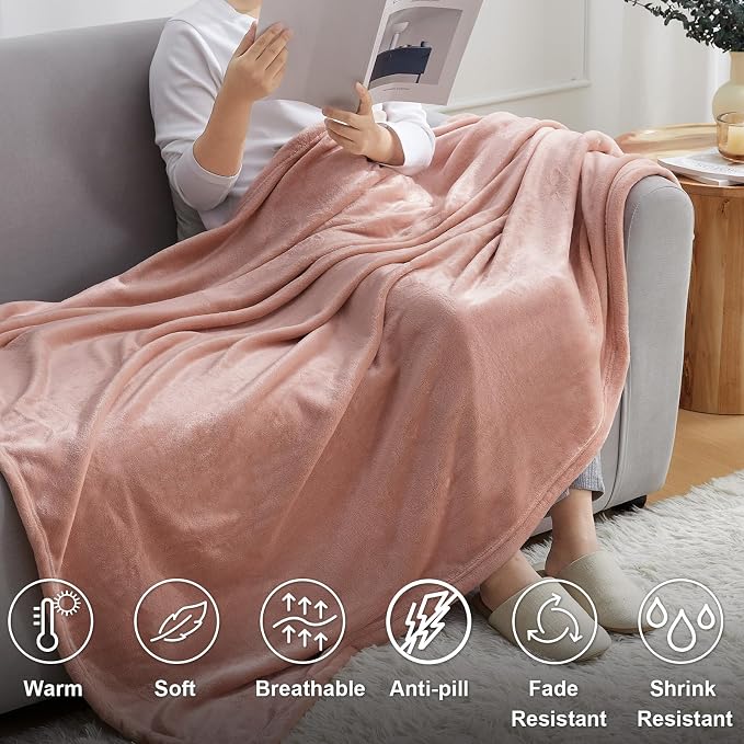 Hansleep Throw XL Dusty Pink Fleece Blanket, Soft Flannel Bed Blanket | Fuzzy Cozy Blanket 50x70 Inches, Multi-use for Bed, Sofa, Couch, Travel, Camping, All Season Warm Lightweight Cover