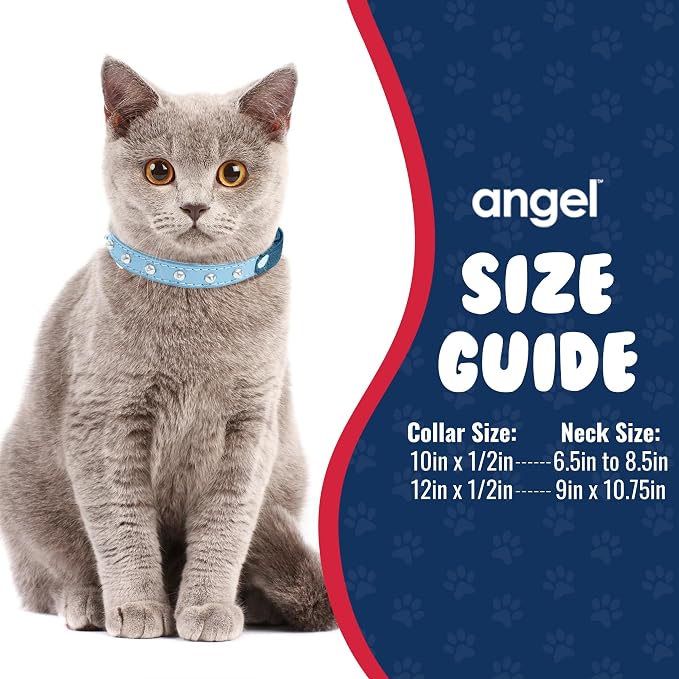 Rhinestones Cat Collar, Genuine Leather Kitten Collar, Sturdy Breakaway Cat Collar, Water-Resistant Cat Collar with Bell & Elastic Stretch, Baby Blue, 10 x 1/2 inches - Angel Pet Supplies