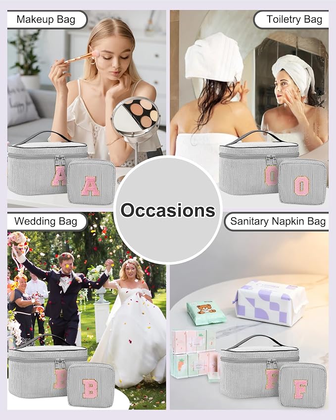 Initial Makeup Bag Cosmetic Bag Bridal Shower Gifts - Bridesmaid Bag,Bridesmaid Proposal Gifts for Wedding Day,Maid Matron of Honor Gift, Bride to be Gifts,Bachelorette Party Favors,2PCS,Black N
