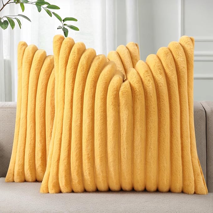Pallene Faux Fur Decorative Throw Pillow Covers 16x16 Set of 2, Yellow | Luxury Plush Texture, Striped Design, Cozy Soft Touch, Modern Home Accent Decor for Couch, Sofa, Bed, Living Room