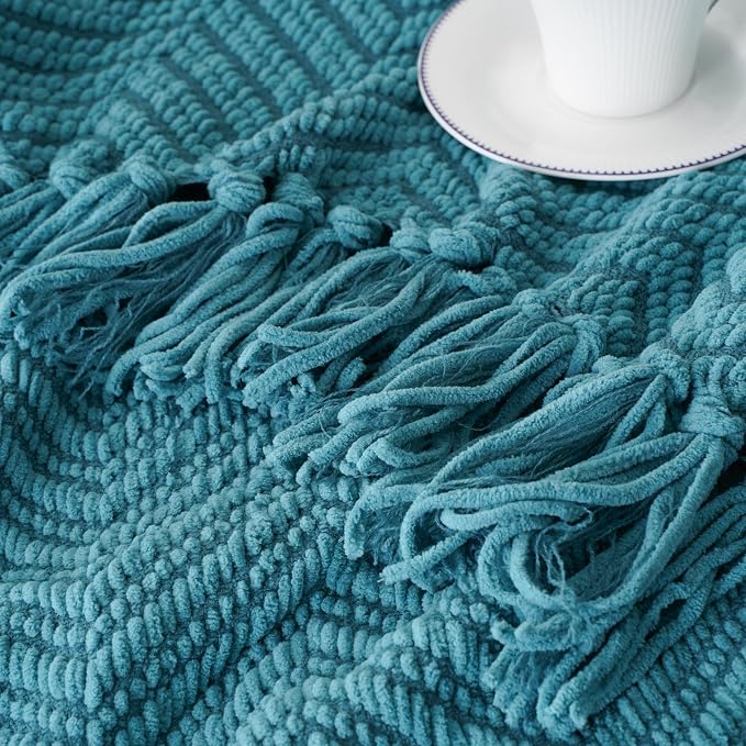 BATTILO HOME Teal Throw Blanket for Couch, Knit Woven Turquoise Blanket Versatile for Chair, Super Soft Warm Decorative Blanket with Tassels for Bed, Sofa and Living Room, 60" x 80"