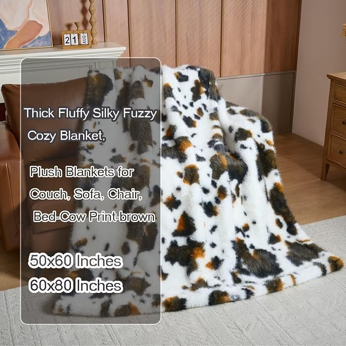 Luxury Fluffy Faux Fur Throw Blanket,Thick Fluffy Silky Fuzzy Cozy Blanket,Plush Blankets for Couch, Sofa, Chair, Bed-Cow Print-Brown 50 * 60inch